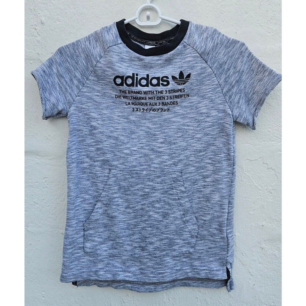 Adidas Youth Boys Small 9-10 Short Sleeve Sweatshirt Gray Pockets Spellout Logo